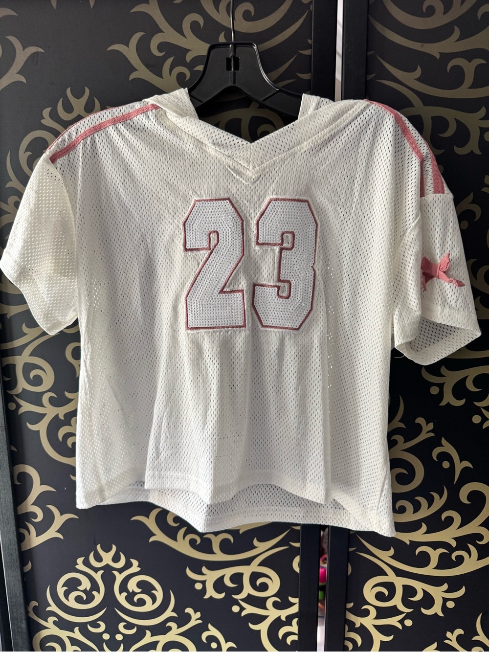 Fashion Nova White Mesh Jersey Tee with Pink Accents - 23